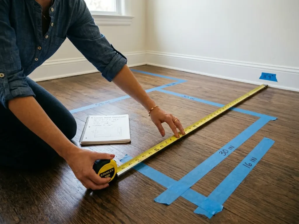 Hands holding tape measure checking small living room floor dimensions