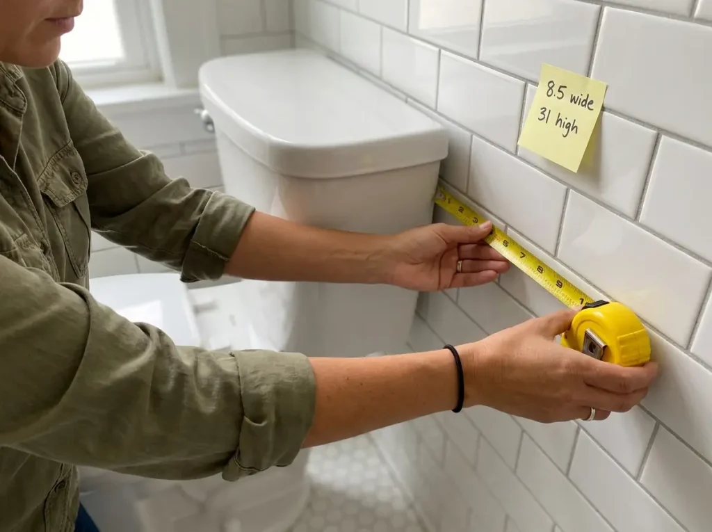 Measuring the gap between toilet and bathroom wall with a yellow tape measure — finding slim cart dimensions for no-cabinet bathroom