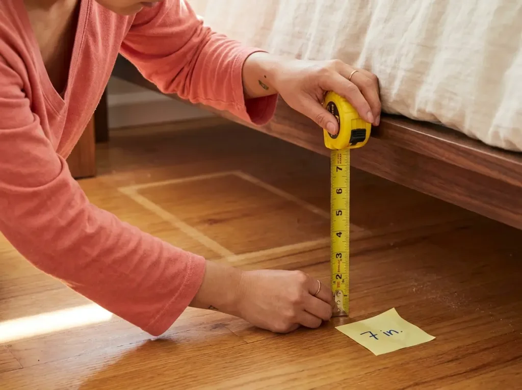 Hands measuring under-bed clearance with yellow tape measure showing 7 inches from floor to bed rail