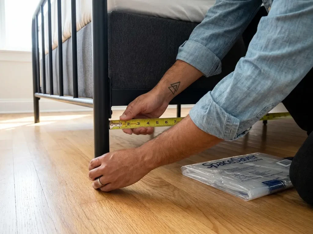 Tape measure showing clearance under metal bed frame before selecting vacuum storage bags for under-bed storage