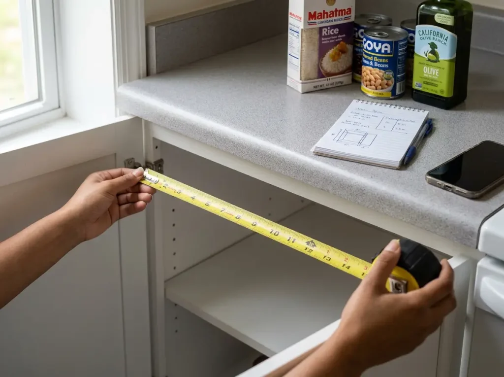 Hands measuring apartment kitchen cabinet depth with tape measure and notebook nearby