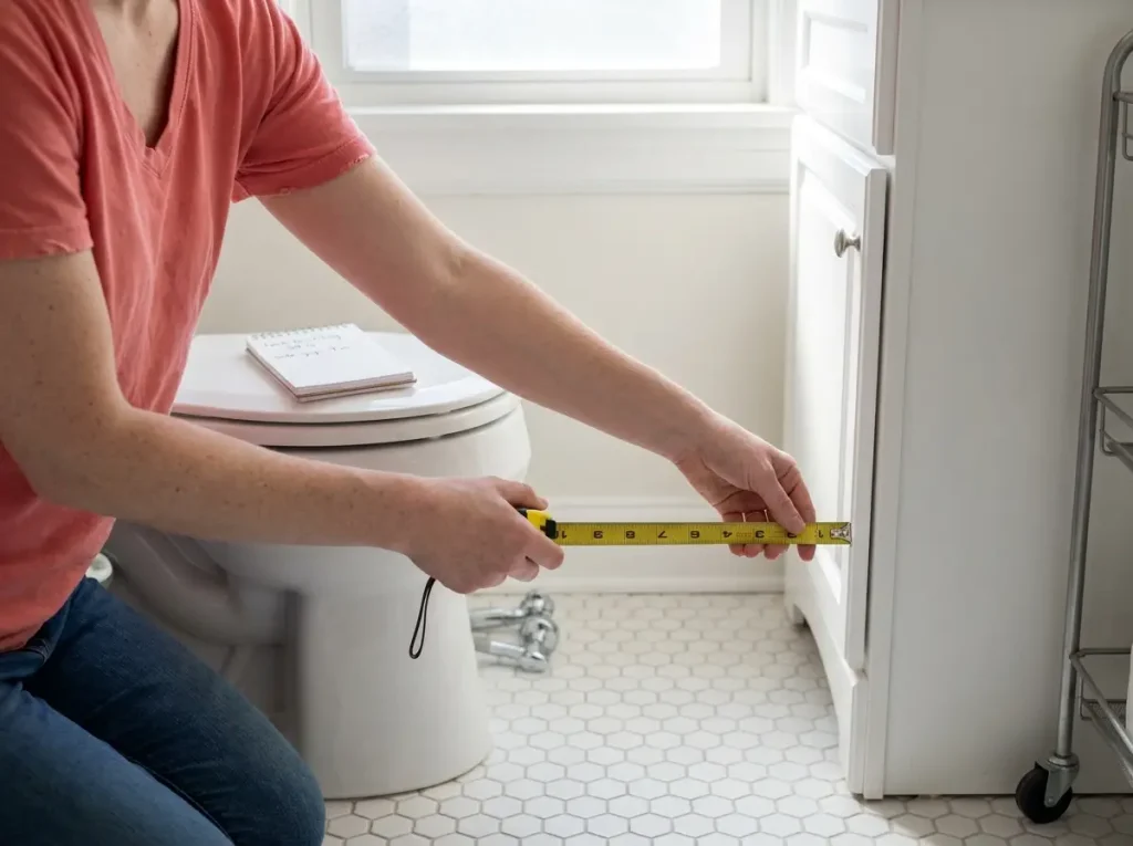 Hands measuring the gap between a toilet and bathroom wall with a tape measure to find space for bathroom storage