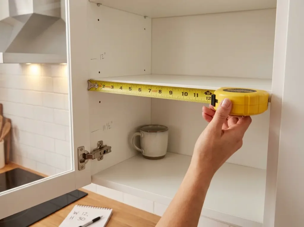 Hand holding tape measure inside upper kitchen cabinet showing 12-inch depth