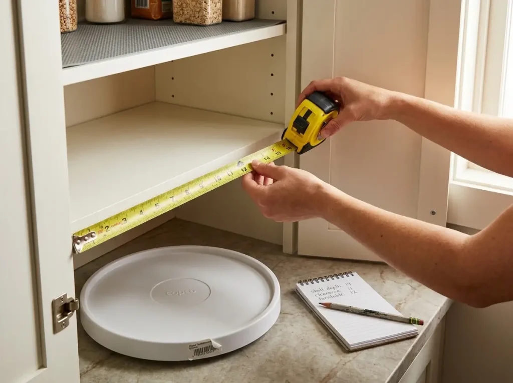 Hands measuring pantry shelf depth with a tape measure next to a turntable