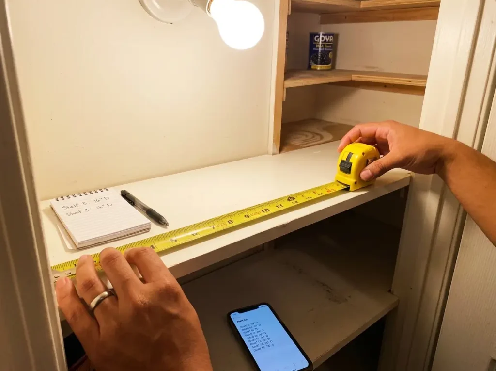 Pantry Organization That Works After the First Week 3 Person measuring pantry shelf depth with a tape measure showing 16 inches