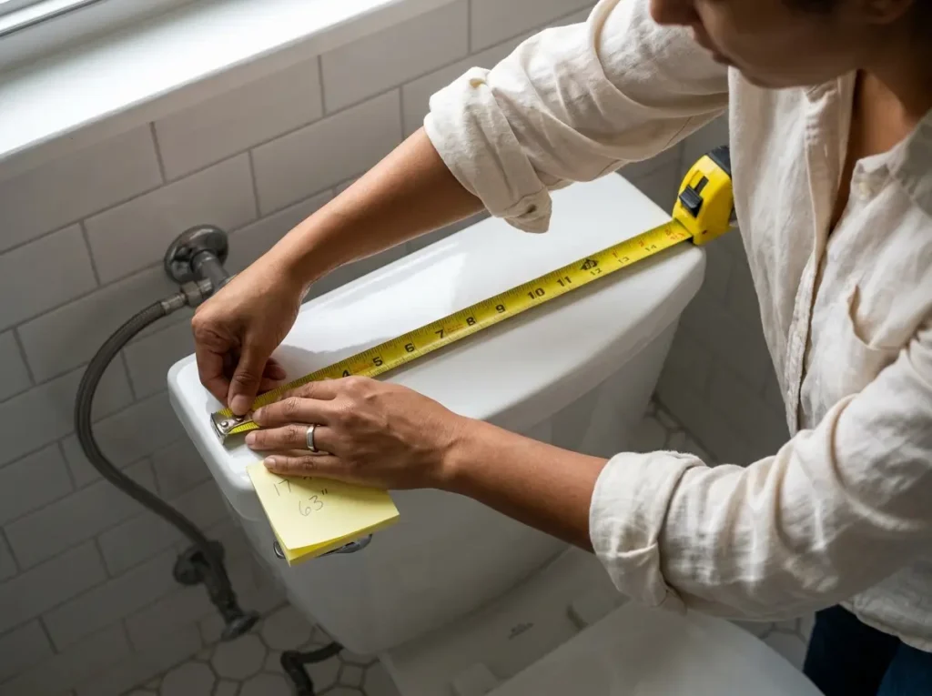 Hands measuring toilet tank width with tape measure before buying storage