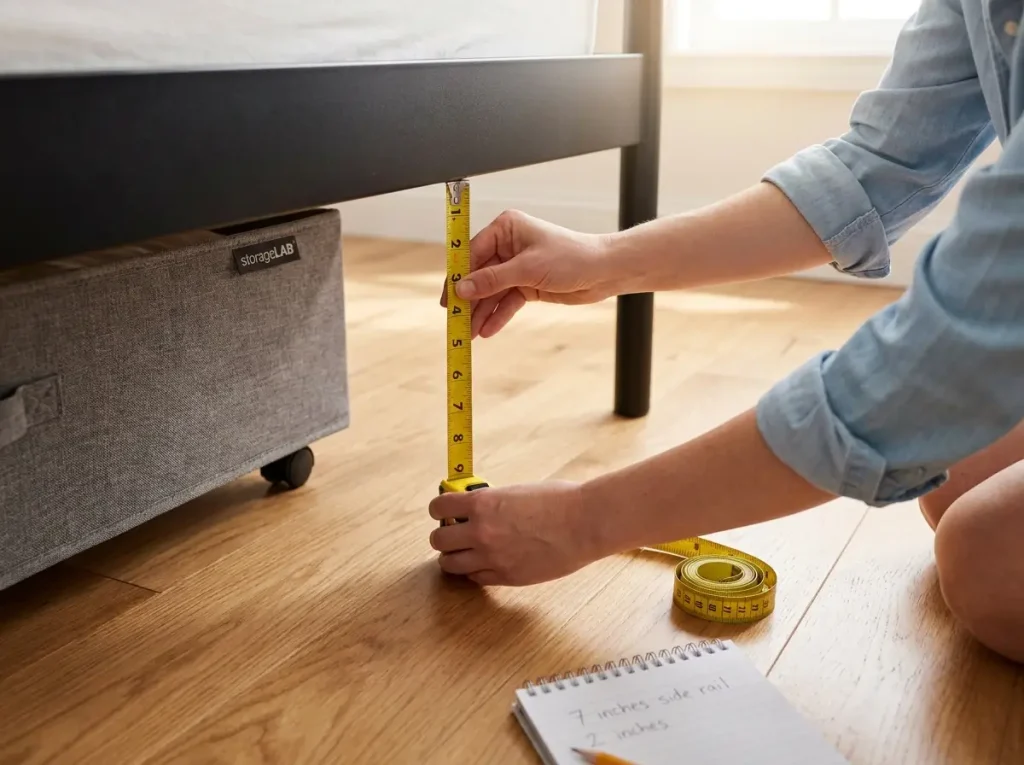 Person measuring under-bed clearance with tape measure showing 7 inches between floor and bed frame rail