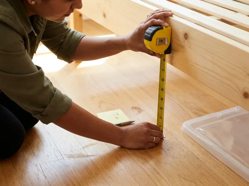 Hand measuring under-bed clearance with yellow tape measure on a wood bed frame showing 7 inches of space