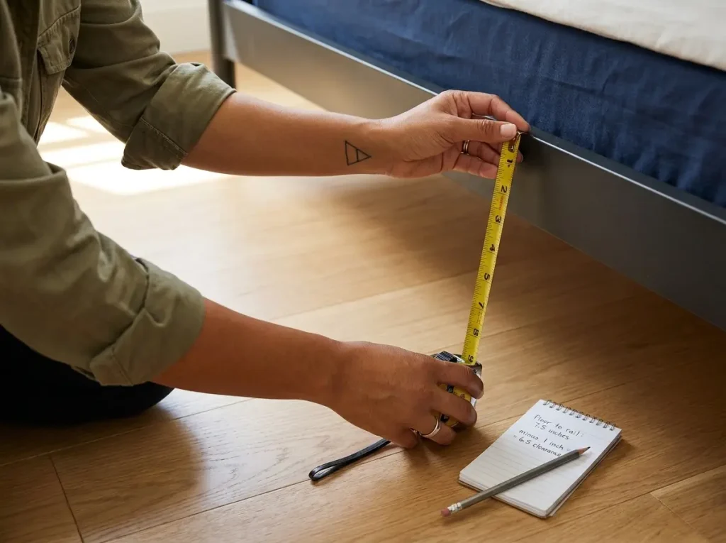 Hands measuring under-bed clearance with yellow tape measure against bed rail