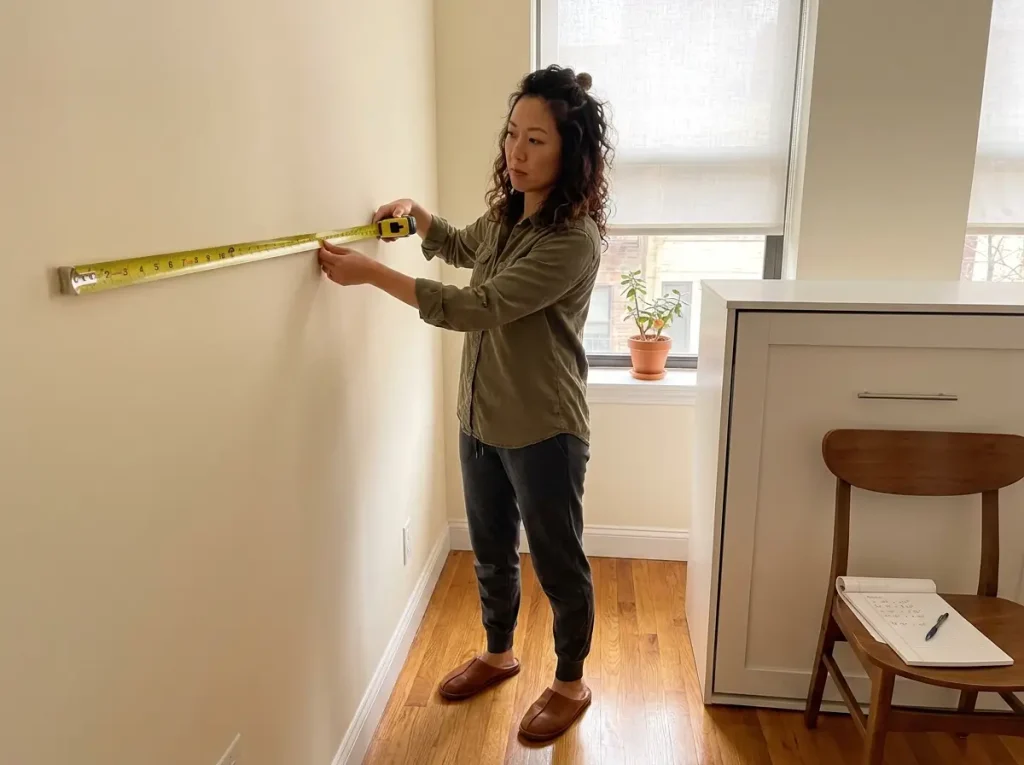 Woman measuring wall space with tape measure next to Murphy bed cabinet in small apartment bedroom