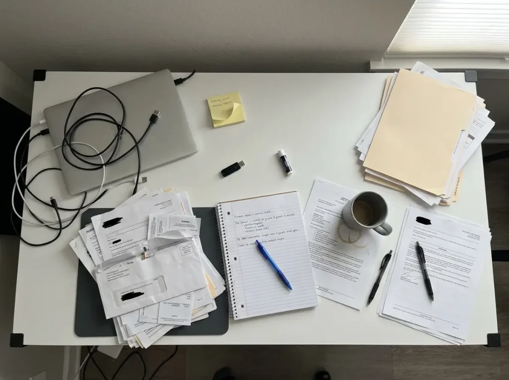 Overhead view of a genuinely messy home office desk with papers, cables, and scattered supplies