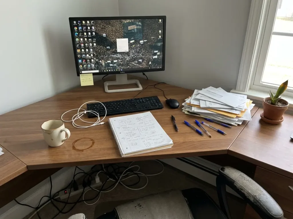 Cluttered home office desk surface with stacked papers, cables, and misplaced items