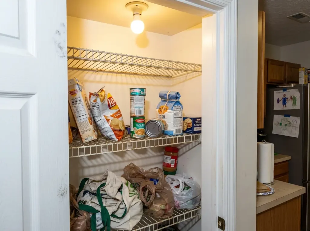 Pantry Organization That Works After the First Week 1 Messy disorganized pantry with items falling over on wire shelves