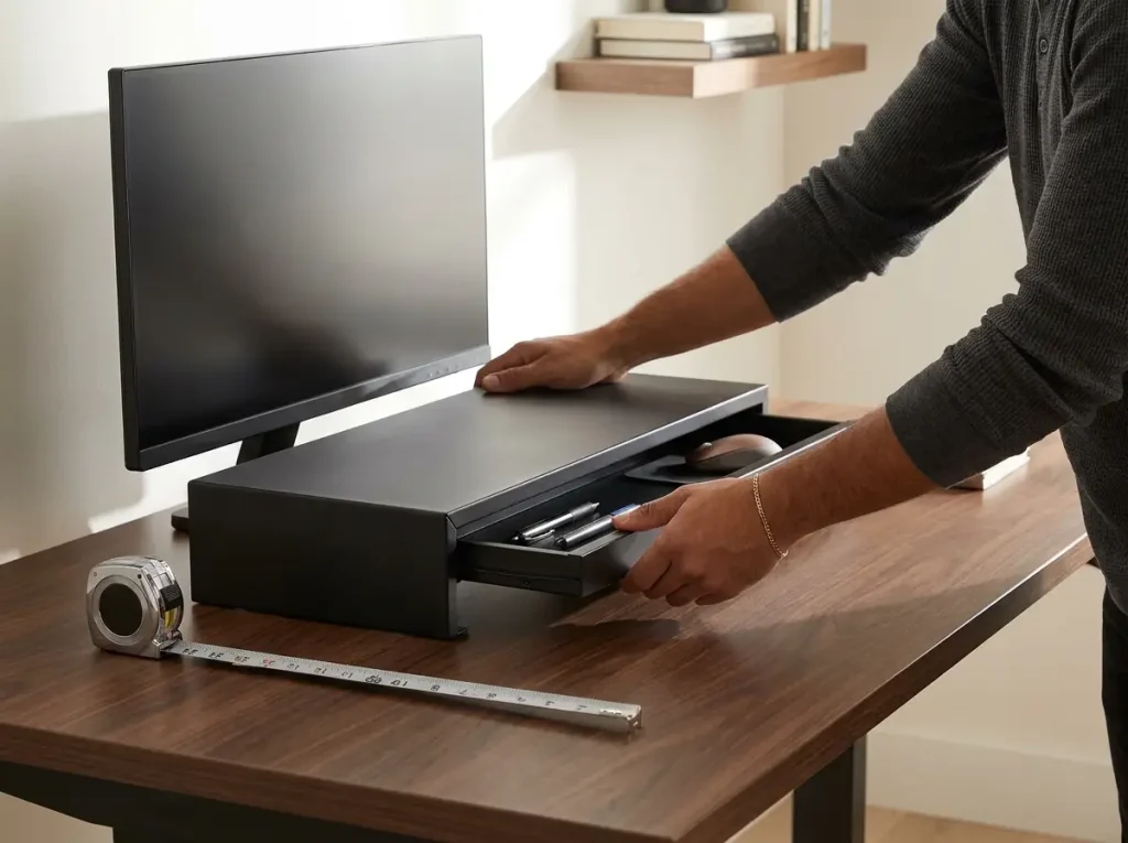Hands placing a monitor stand riser on a home office desk to create under-desk storage