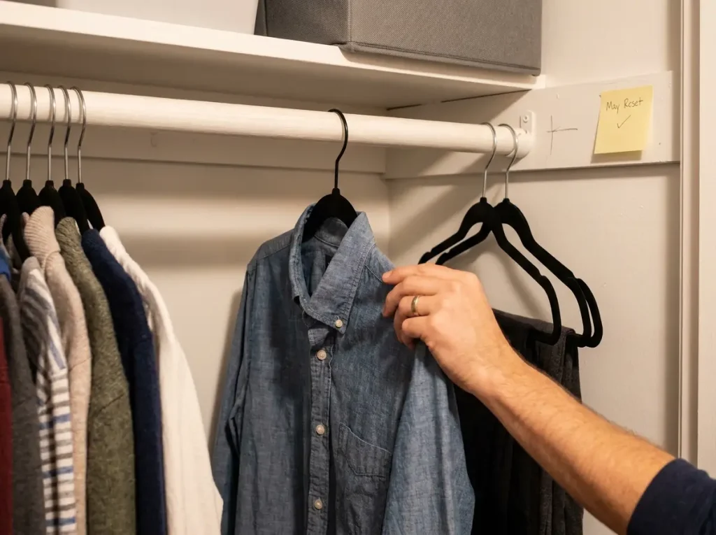 Too Many Clothes? How to Organize a Closet That Stays Neat 10 Hand flipping a backward hanger forward on a closet rod during monthly closet reset