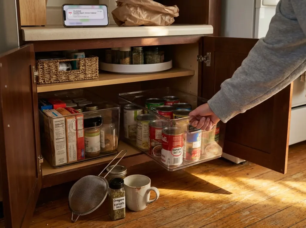Hand pulling forward a labeled bin from the back of a deep kitchen cabinet during monthly reset