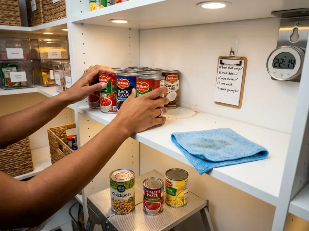 Hands pulling canned goods forward on pantry shelf during monthly reset organization