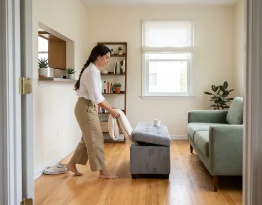 Multi-Functional Furniture for Small Apartments That Works Multi-functional furniture in a small apartment — storage ottoman, sofa, and leaning shelf in a compact living room