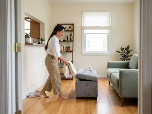 Multi-functional furniture in a small apartment — storage ottoman, sofa, and leaning shelf in a compact living room