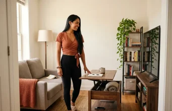 8 Multi-Functional Living Room Furniture Pieces Tested Small living room with lift-top coffee table raised and narrow bookshelf beside TV stand — multi-functional furniture setup