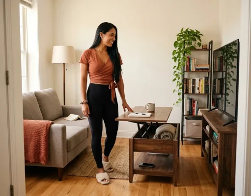 8 Multi-Functional Living Room Furniture Pieces Tested Small living room with lift-top coffee table raised and narrow bookshelf beside TV stand — multi-functional furniture setup