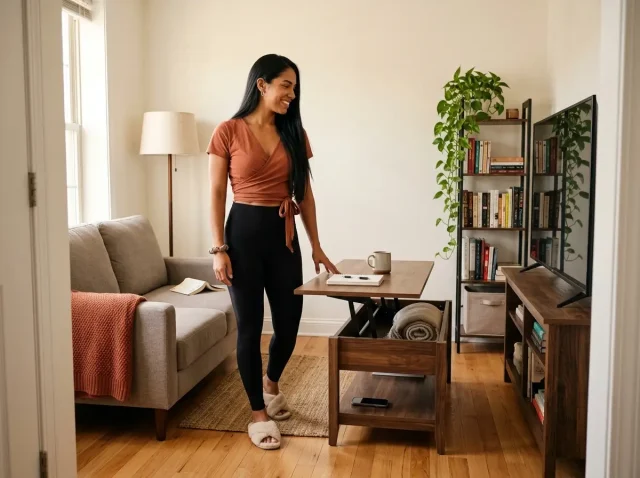 Small living room with lift-top coffee table raised and narrow bookshelf beside TV stand — multi-functional furniture setup