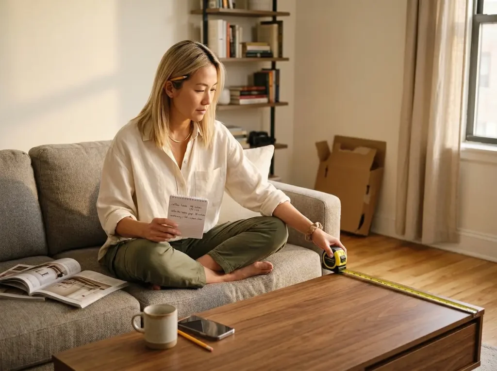 Woman on sofa with tape measure and notepad checking coffee table clearance and planning living room furniture choices