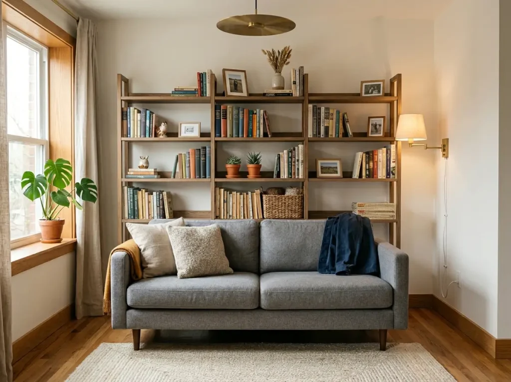 Narrow bookcase placed behind floating sofa as room divider and storage in small living room