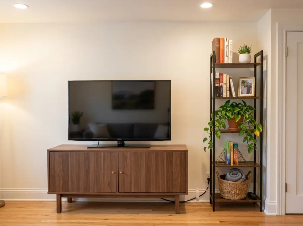 VASAGLE narrow 13-inch bookshelf filling dead zone beside TV stand in small living room with books and basket