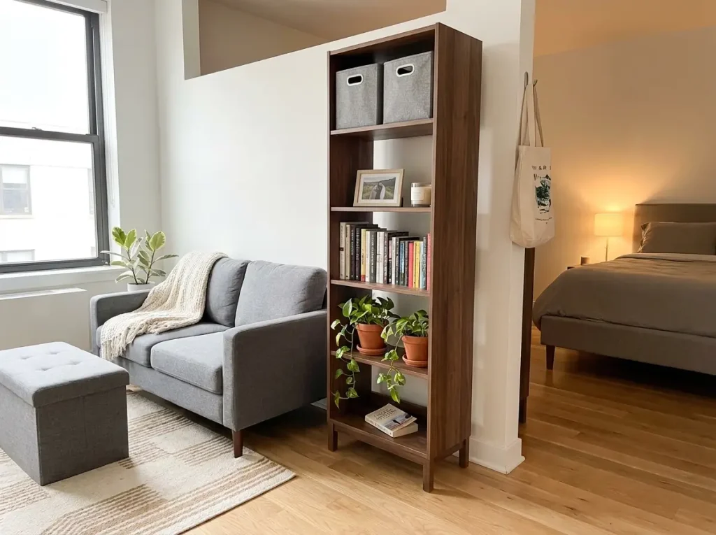 Tall narrow bookshelf used as room divider in studio apartment creating visual separation between living and sleeping zones