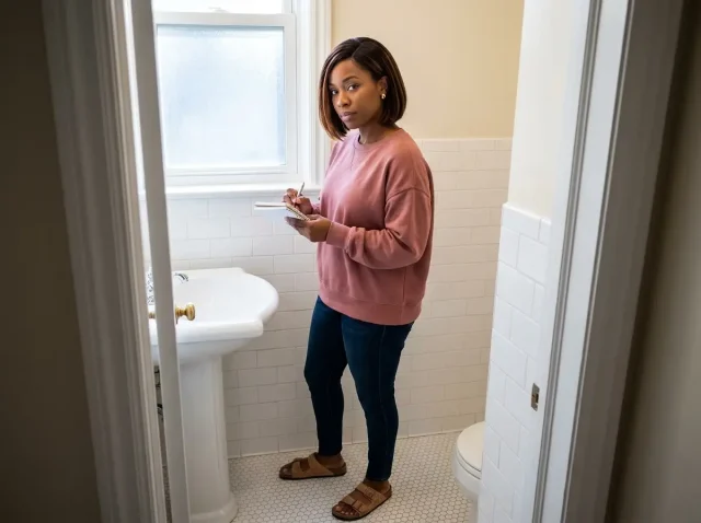 Small bathroom with no cabinets being assessed for organization — African American woman with notepad plans storage zones