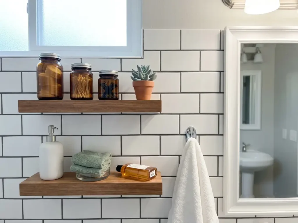 Small bathroom wall with no-drill adhesive floating shelves and chrome hook holding organized toiletries and hand towels