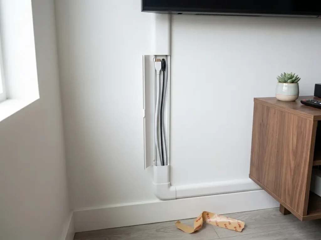 Adhesive cable raceway running along white wall beside TV stand, showing renter-friendly cord hiding installation