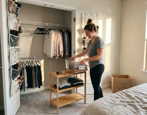 No-Drill Closet Organization That Won’t Cost Your Deposit Renter organizing a small apartment closet with tension rods and bins, no drill holes visible