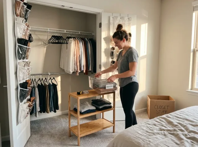 Renter organizing a small apartment closet with tension rods and bins, no drill holes visible