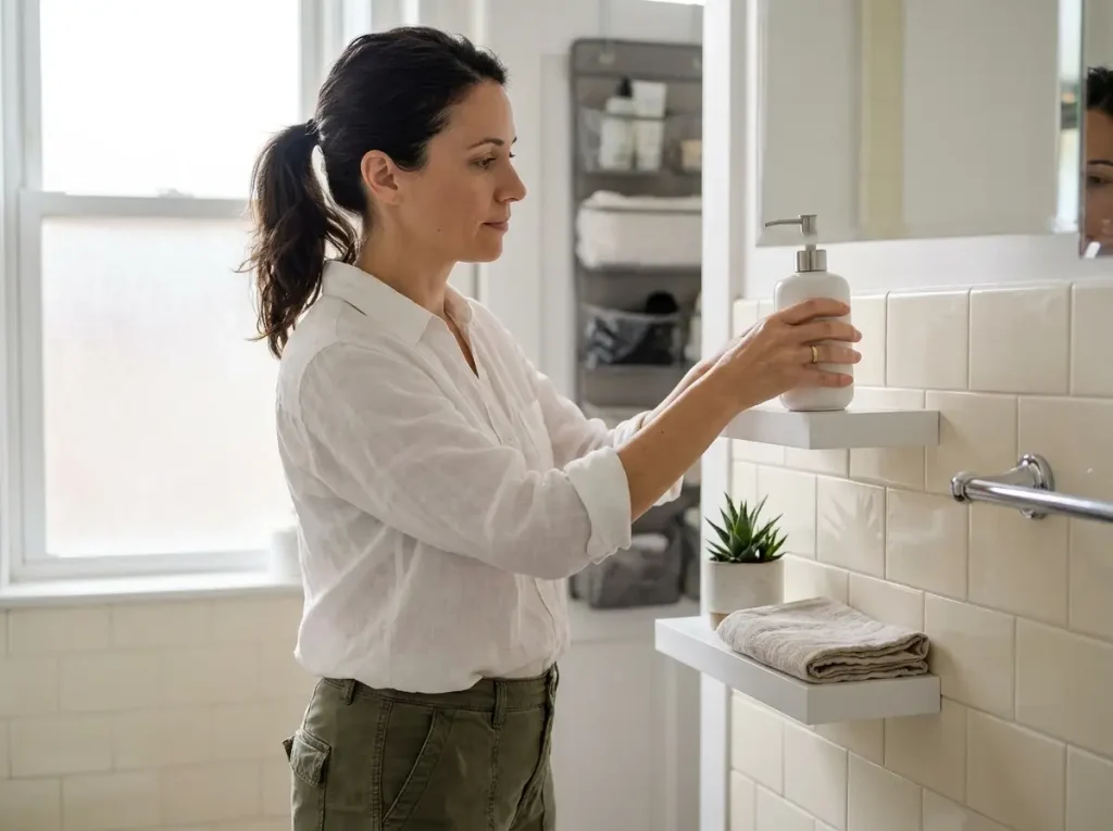 Woman placing a skincare bottle on a no-drill adhesive floating shelf in a small bathroom, organized wall storage for renters