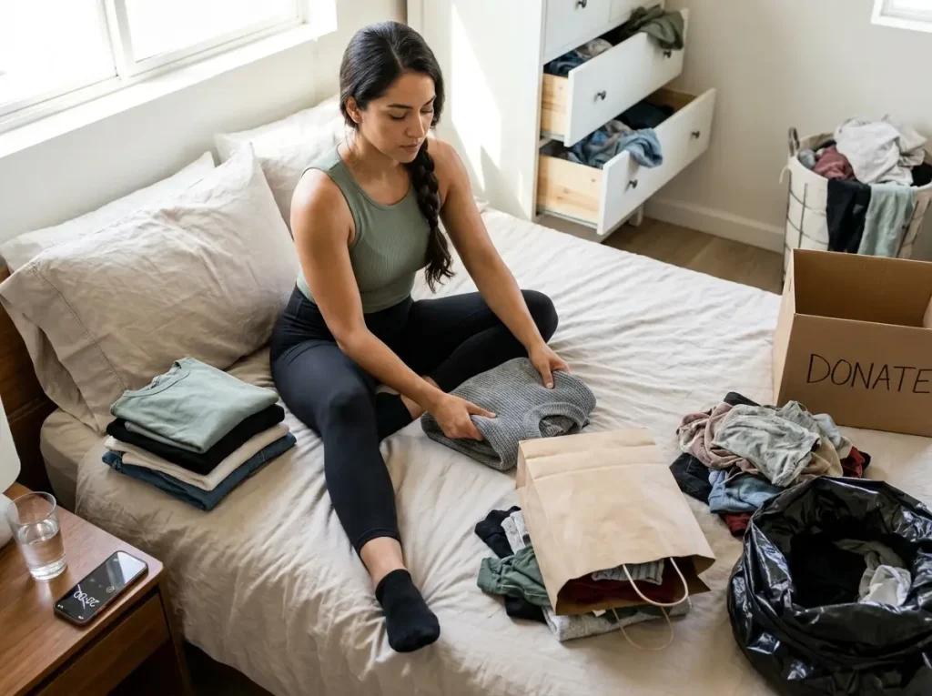 woman sorting clothes on bed into keep donate and trash piles during apartment declutter session