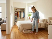 One Bedroom Apartment Organization Tips That Last organized one bedroom apartment with storage ottoman, floating shelves, and open closet door showing neat hanging clothes