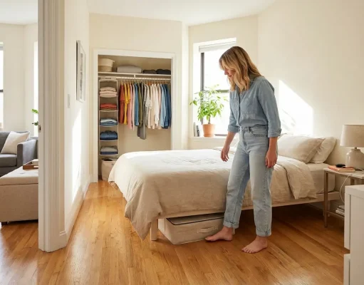 One Bedroom Apartment Organization Tips That Last organized one bedroom apartment with storage ottoman, floating shelves, and open closet door showing neat hanging clothes