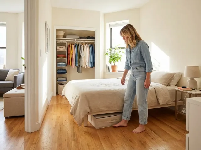 organized one bedroom apartment with storage ottoman, floating shelves, and open closet door showing neat hanging clothes