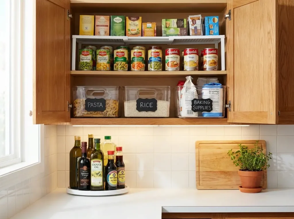 Organized apartment kitchen cabinet with shelf risers stackable bins and turntable