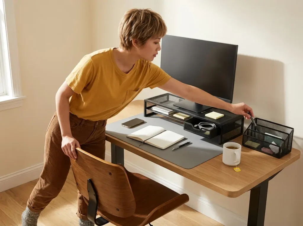 Chinese American woman reaching for a pen at an organized desk with monitor riser and leather desk pad