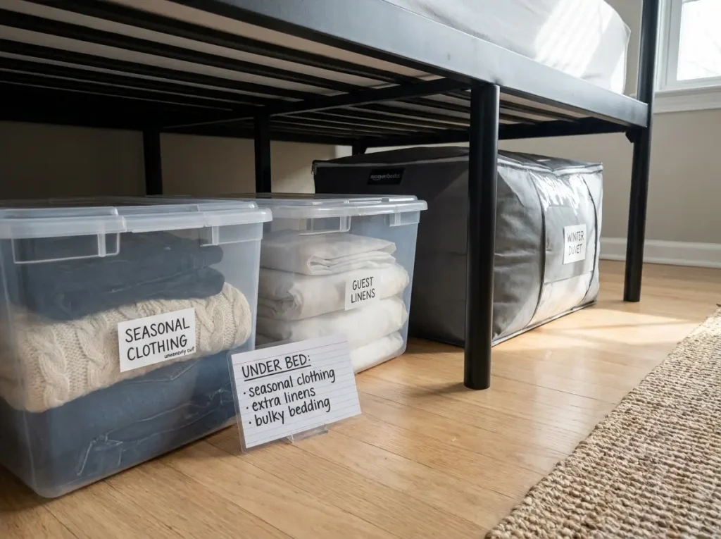 Organized under-bed storage under metal frame with labeled IRIS USA bins and Amazon Basics bag for seasonal items