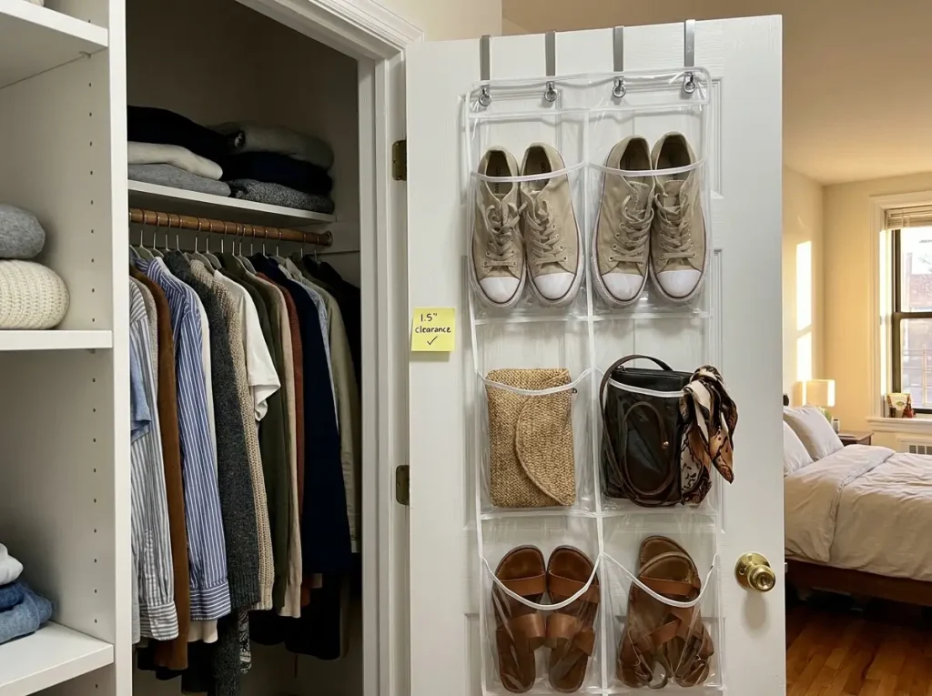Why Budget Closet Makeovers Always Revert 8 Clear over-door organizer on closet door with shoes and accessories in pockets — apartment renter setup