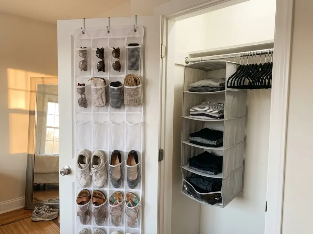 Over-the-door shoe organizer and hanging fabric shelves in apartment closet