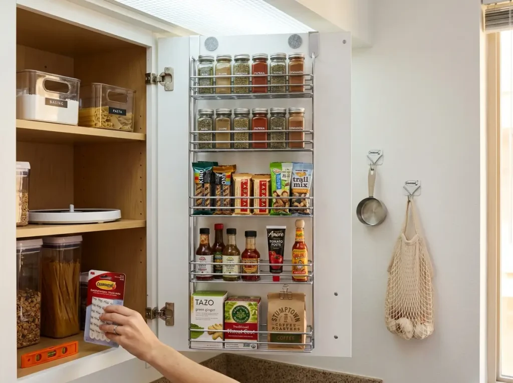 Over-the-door organizer on apartment cabinet door holding spices and snack packets
