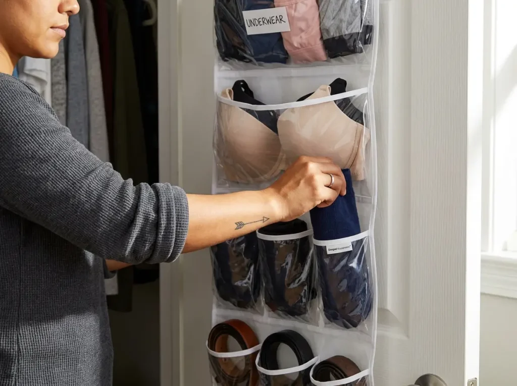 Hand organizing socks into assigned pockets of over-door organizer with labeled rows