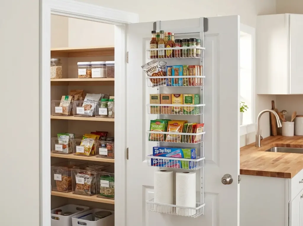 Six-tier over-the-door pantry organizer with adjustable wire baskets on white door