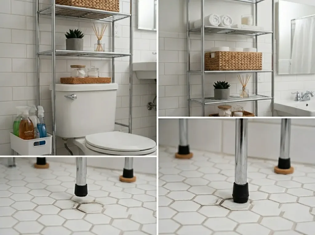Freestanding chrome over-toilet shelf with felt pads on rubber feet to protect bathroom tile