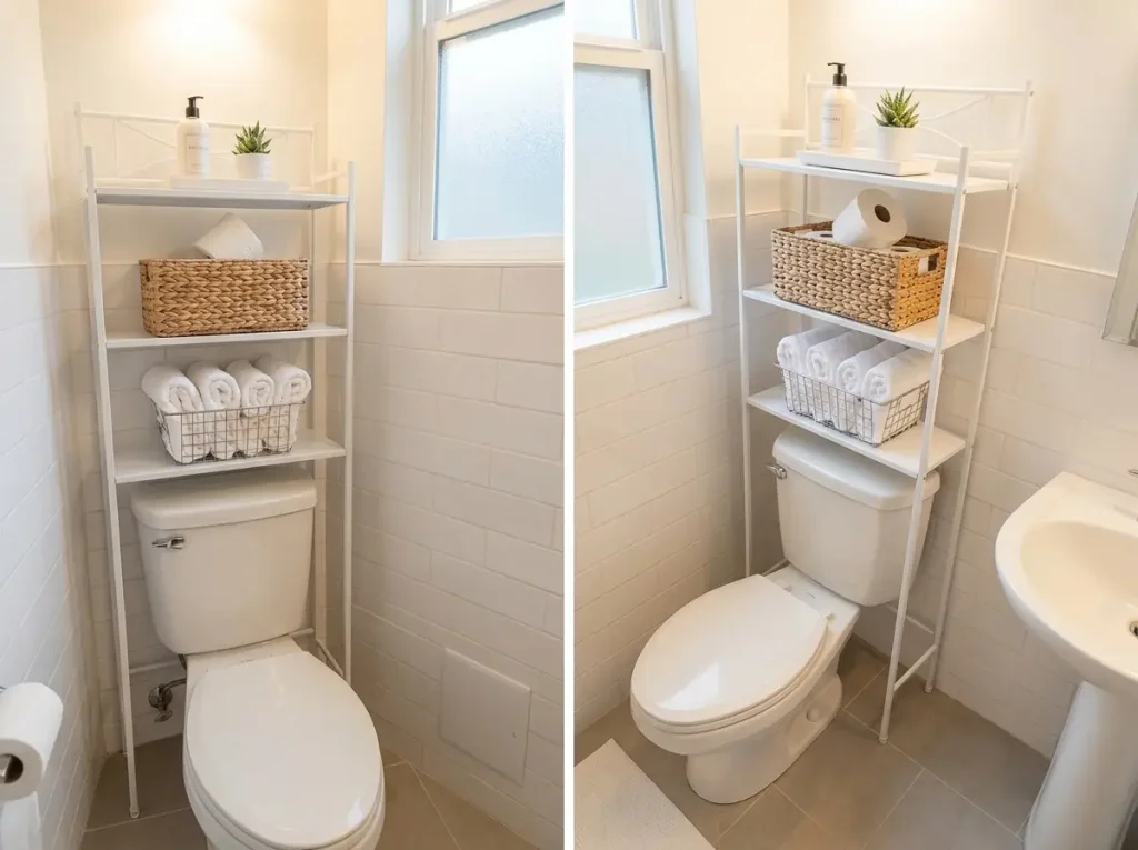 3-tier freestanding over-toilet shelf with towels and bathroom organizers